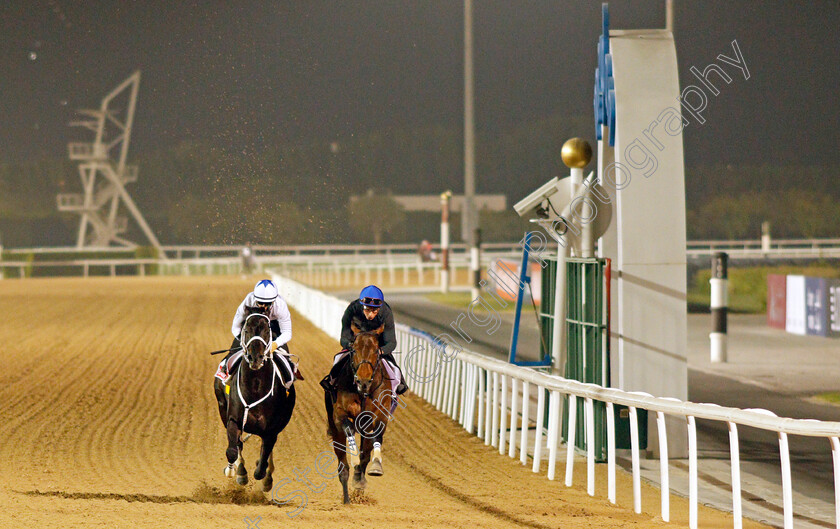 Chuwa-Wizard-and-Combustion-0001 
 CHUWA WIZARD (left) training for the Dubai World Cup with COMBUSTION (right), training for the UAE Derby
Meydan, Dubai, 23 Mar 2022 - Pic Steven Cargill / Racingfotos.com