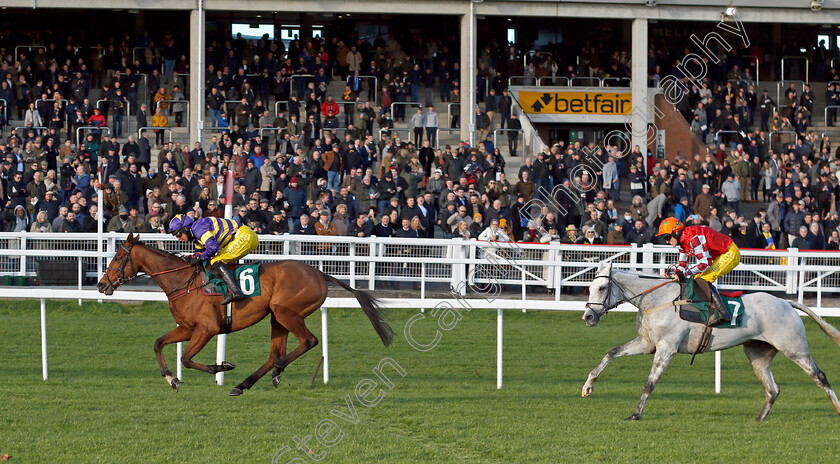 Corach-Rambler-0005 
 CORACH RAMBLER (Derek Fox) beats EVA'S OSKAR (right) in The Tiggys Trust Novices Limited Handicap Chase
Cheltenham 10 Dec 2021 - Pic Steven Cargill / Racingfotos.com