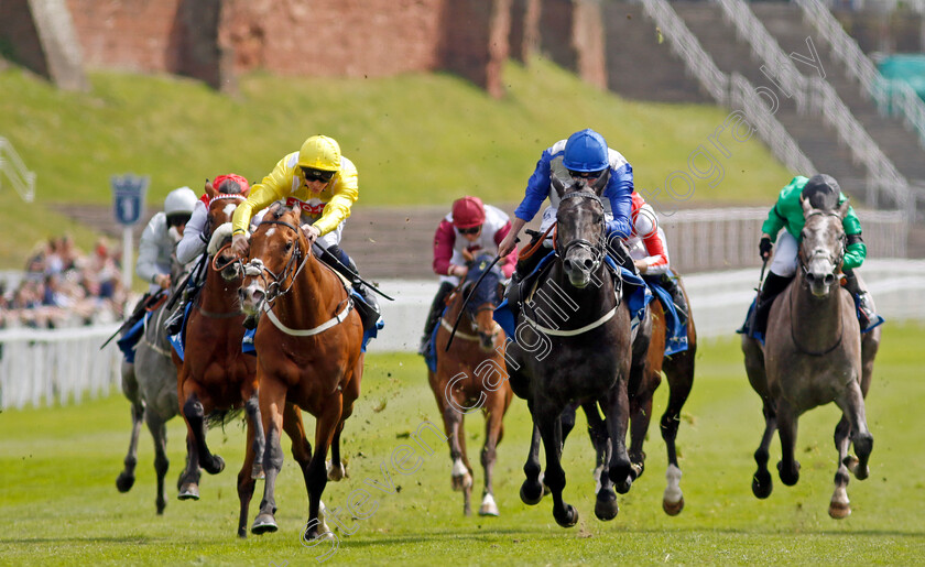 Outgate-0002 
 OUTGATE (centre, Ryan Moore) beats KOY KOY (left) in The Deepbridge Handicap
Chester 5 May 2022 - Pic Steven Cargill / Racingfotos.com