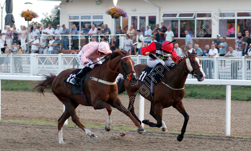 Beau-Knight-0001 
 BEAU KNIGHT (right, Hollie Doyle) beats STEEL HELMET (left) in The Celebrate July's Hero Gaynor Wareham Handicap
Chelmsford 23 Jul 2019 - Pic Steven Cargill / Racingfotos.com