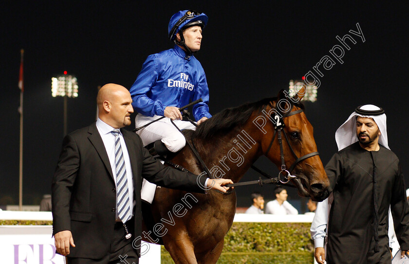 Winter-Lightning-0011 
 WINTER LIGHTNING (Pat Cosgrave) with Saeed Bin Suroor after The UAE 1000 Guineas Meydan 8 Feb 2018 - Pic Steven Cargill / Racingfotos.com