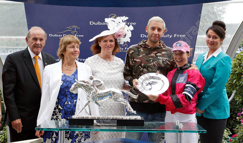 Hayley-Turner-Silver-Saddle 
 Presentation by Example for The Dubai Duty Free Shergar Cup Silver Saddle to Hayley Turner
Ascot 11 Aug 2018 - Pic Steven Cargill / Racingfotos.com