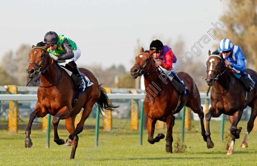 Willie-John-0004 
 WILLIE JOHN (Gerald Mosse) beats HUMBOLT CURRENT (centre) and ALFARQAD (right) in The British Stallion Studs EBF Novice Stakes Yarmouth 16 Oct 2017 - Pic Steven Cargill / Racingfotos.com