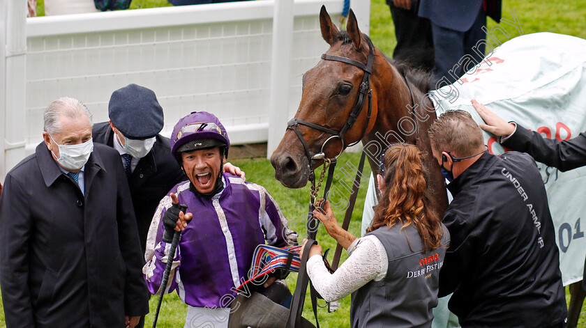 Snowfall-0022 
 SNOWFALL (Frankie Dettori) after The Cazoo Oaks with Derrick Smith and Aidan O'Brien
Epsom 4 Jun 2021 - Pic Steven Cargill / Racingfotos.com