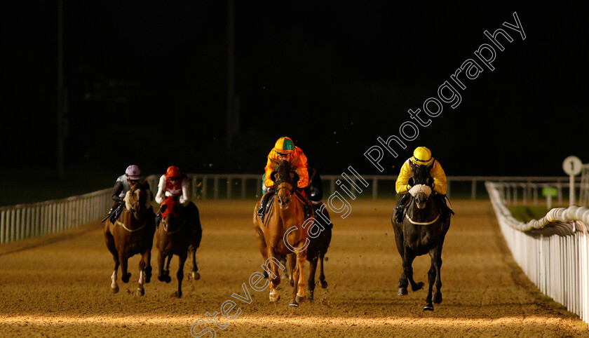 Secratario-0002 
 SECRATARIO (centre, Shane Kelly) beats LET'S BE HAPPY (right) in The Hellermanntyton Protection Claiming Stakes
Wolverhampton 5 Sep 2018 - Pic Steven Cargill / Racingfotos.com