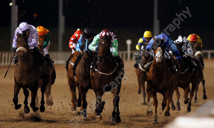 Steel-Train-0003 
 STEEL TRAIN (centre, Martin Harley) beats QAFFAAL (left) and SWIFT APPROVAL (right) in The Bet toteexacta At betfred.com Handicap Chelmsford 23 Nov 2017 - Pic Steven Cargill / Racingfotos.com