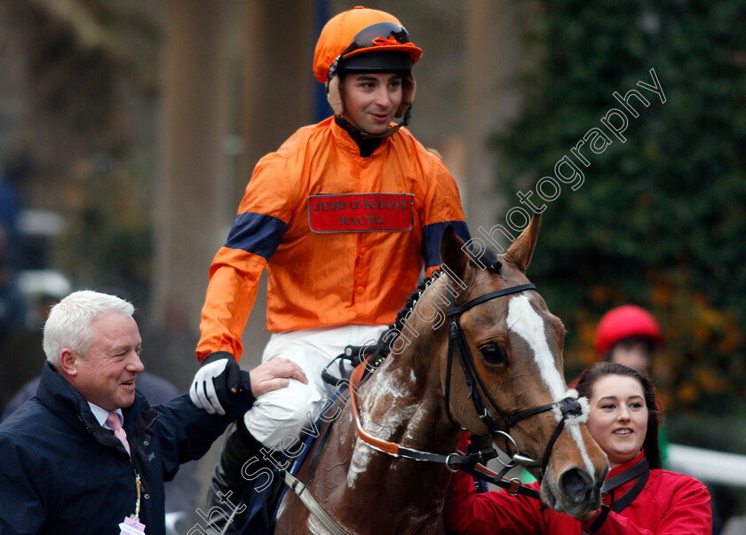 Sam-Spinner-0014 
 SAM SPINNER (Joe Colliver) with trainer Jedd O'Keeffe after The JLT Reve De Sivola Long Walk Hurdle Ascot 23 Dec 2017 - Pic Steven Cargill / Racingfotos.com