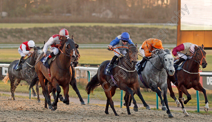 Chitra-0001 
 CHITRA (centre, Richard Kingscote) beats GREEN DOOR (left) SOMETHING LUCKY (2nd right) and THREE LITTLE BIRDS (right) in The Betway Live Casino Handicap
Lingfield 9 Dec 2019 - Pic Steven Cargill / Racingfotos.com