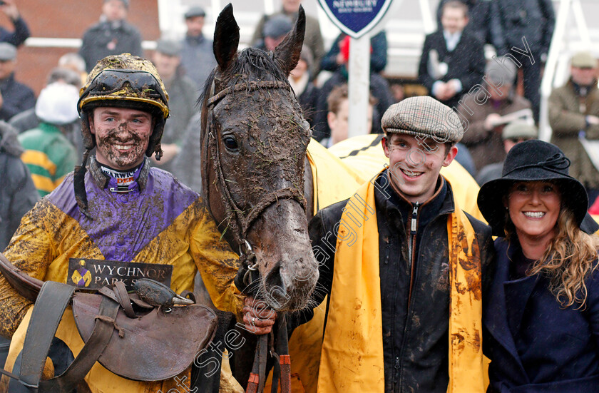 Kalashnikov-0009 
 KALASHNIKOV (Jack Quinlan) with trainer Amy Murphy after The Betfair Handicap Hurdle Newbury 10 Feb 2018 - Pic Steven Cargill / Racingfotos.com