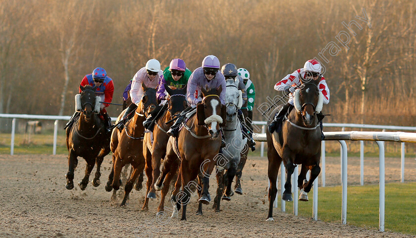 Our-Manekineko-0001 
 OUR MANEKINEKO (white cap left, David Probert) chases the leaders into the straight before winning The Follow Top Tipsters At Sun Racing Handicap from ADVENTUREMAN (right) and LIMERICK LORD (2nd right)
Wolverhampton 26 Feb 2019 - Pic Steven Cargill / Racingfotos.com