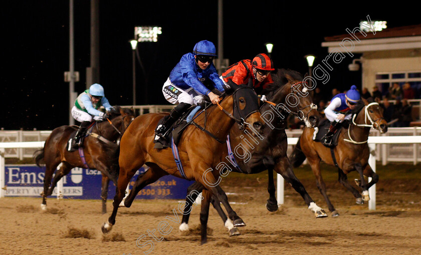 Beautiful-Memory-0005 
 BEAUTIFUL MEMORY (left, William Cox) beats LEGAL HISTORY (2nd right) in The Eat Drink Celebrate At channelestate.co.uk Novice Stakes Chelmsford 15 Feb 2018 - Pic Steven Cargill / Racingfotos.com