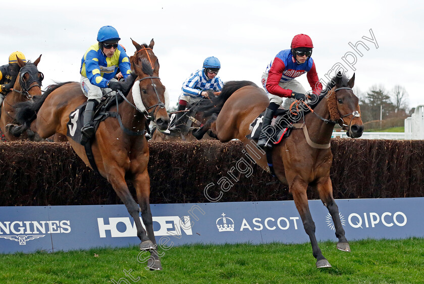 Threeunderthrufive-0007 
 THREEUNDERTHRUFIVE (right, Harry Cobden) beats SHAN BLUE (left) in The Injured Jockeys Fund Ambassadors Programme Swinley Handicap Chase
Ascot 17 Feb 2024 - Pic Steven Cargill / Racingfotos.com