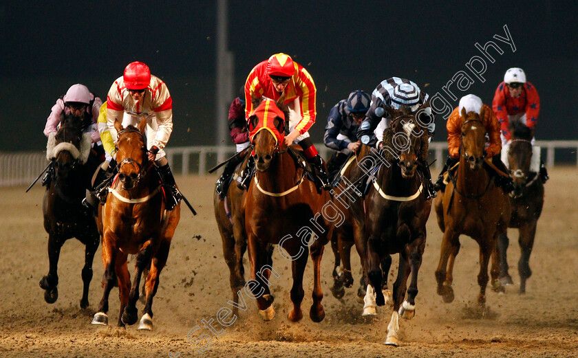 Showdance-Kid-0004 
 SHOWDANCE KID (right, Clifford Lee) beats HARRY BEAU (centre) and PRAZERES (left) in The totescoop6 Rollover This Saturday Handicap Chelmsford 6 Apr 2018 - Pic Steven Cargill / Racingfotos.com