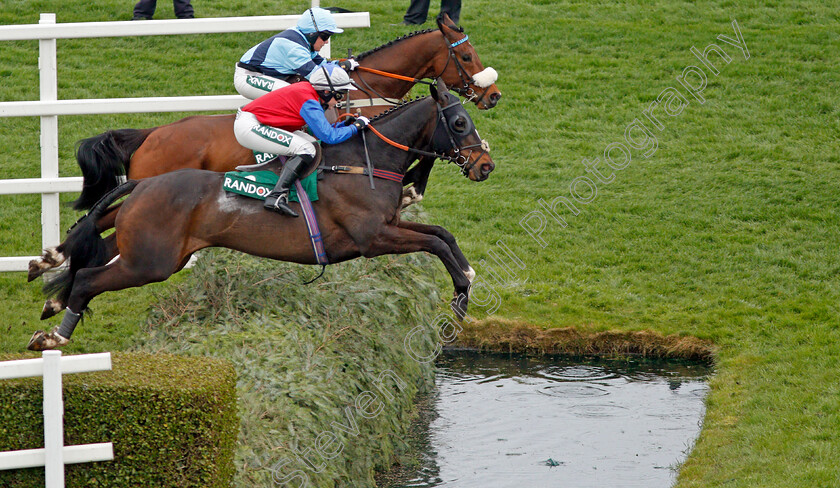 Mon-Parrain-0001 
 MON PARRAIN (nearside, Page Fuller) jumps with WINGED CRUSADER (farside, Amie Waugh) Aintree 12 Apr 2018 - Pic Steven Cargill / Racingfotos.com