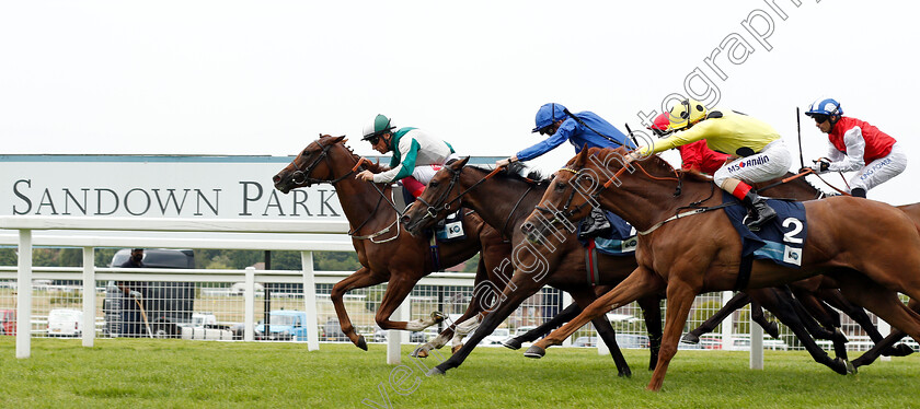 Walk-In-Marrakesh-0007 
 WALK IN MARRAKESH (Frankie Dettori) beats LIGHT BLUSH (blue) and RHEA (right) in The British Stallion Studs EBF Star Stakes
Sandown 25 Jul 2019 - Pic Steven Cargill / Racingfotos.com