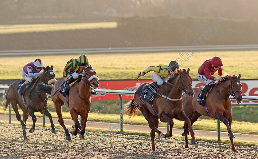 Pattie-0002 
 PATTIE (2nd right, Charles Bishop) beats SOUL SILVER (right) MAKE MUSIC (2nd left) and YEAH BABY YEAH (left) in The 32Red/EBF Fillies Handicap Lingfield 10 Jan 2018 - Pic Steven Cargill / Racingfotos.com