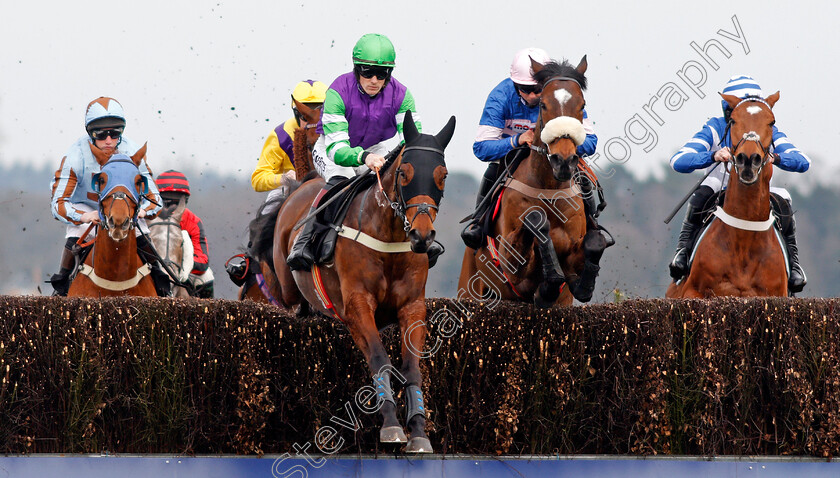 Beau-Bay-0001 
 BEAU BAY (2nd left, Sam Twiston-Davies) jumps with DIEGO DU CHARMIL (2nd right) Ascot 25 Mar 2018 - Pic Steven Cargill / Racingfotos.com