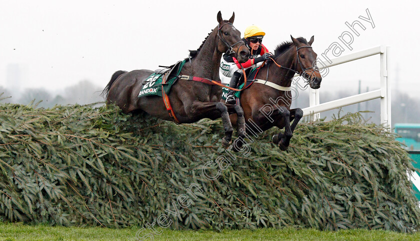 Ultragold-0005 
 ULTRAGOLD (right, Harry Cobden) jumps the last with the loose NEWSWORTHY on his way to winning The Randox Health Topham Handicap Chase Aintree 13 Apr 2018 - Pic Steven Cargill / Racingfotos.com