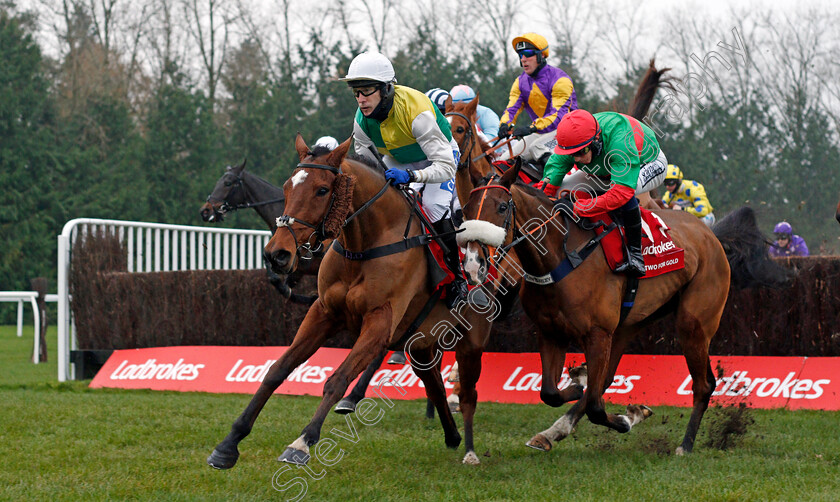 Cloth-Cap-0004 
 CLOTH CAP (left, Tom Scudamore) collides with TWO FOR GOLD (right) at the first fence in The Ladbrokes Trophy Chase
Newbury 28 Nov 2020 - Pic Steven Cargill / Racingfotos.com