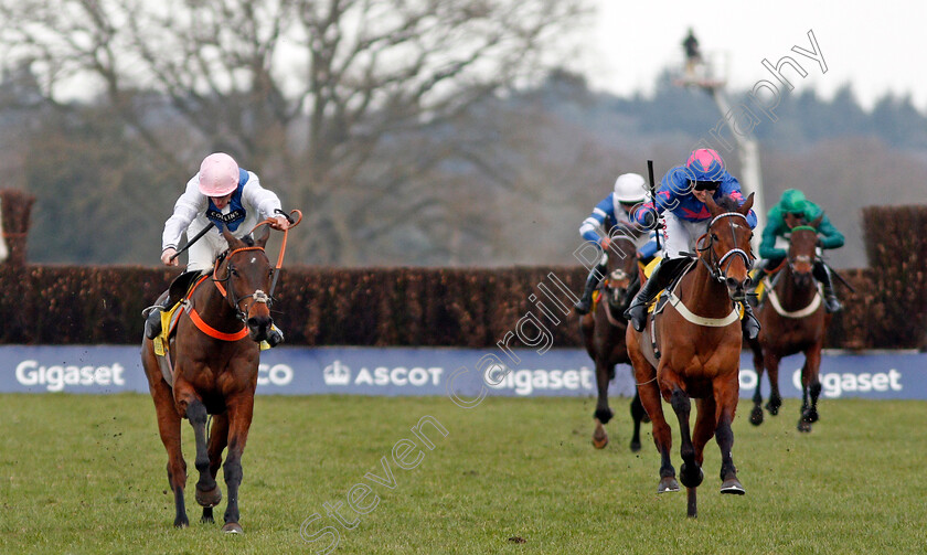 Waiting-Patiently-0003 
 WAITING PATIENTLY (left, Brian Hughes) beats CUE CARD (right) in The Betfair Ascot Chase Ascot 17 Feb 2018 - Pic Steven Cargill / Racingfotos.com