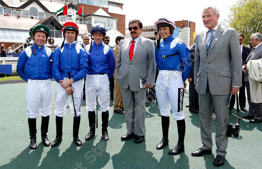 Hamdan-and-jockeys-0001 
 Sheikh Hamdan Al Maktoum with Richard Lancaster (right) and jockeys Tadhg O'Shea, Martin Dwyer, Jim Crowley and Bryony Frost
Dubai International Arabian Raceday Newbury 28 Jul 2019 - Pic Steven Cargill / Racingfotos.com