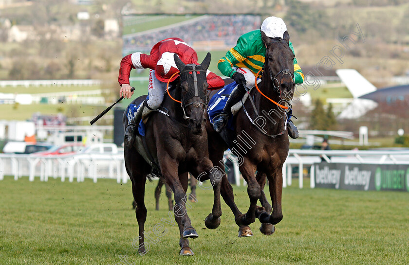 Delta-Work-0002 
 DELTA WORK (left, Davy Russell) beats GLENLOE (right) in The Pertemps Network Final Handicap Hurdle Cheltenham 15 Mar 2018 - Pic Steven Cargill / Racingfotos.com