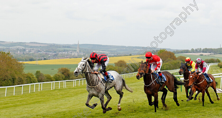 Salisbury-0001 
 LADY BERGAMOT (George Wood) leads into the straight during The Peter Symonds Catering Fillies Handicap won by PRETTY JEWEL (blue, covered) Salisbury 30 Apr 2018 - Pic Steven Cargill / Racingfotos.com