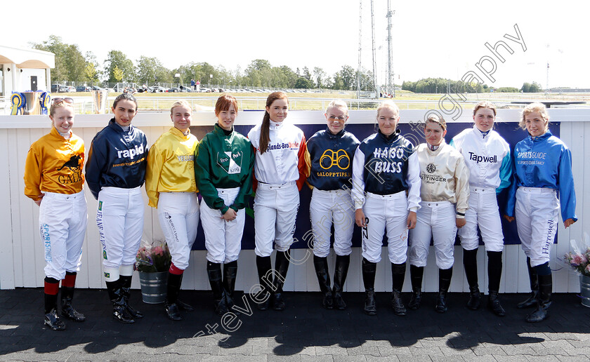 Jockeys-0001 
 Riders in the Women Jockeys' World Cup

L to R; Sophie Ralston, Jeane Alves, Rebecca Danz, Nanako Fujita, Ulrika Holmquist, Kaia Sofie Ingolfsland, Josefin Landgren, Alison Massin, Jane Elliott, and Georgia Cox
Bro Park Sweden, 30 Jun 2019 - Pic Steven Cargill / Racingfotos.com