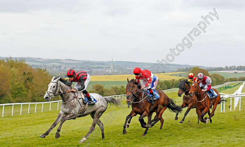 Salisbury-0002 
 LADY BERGAMOT (George Wood) leads TWENTY TIMES (2nd left) into the straight during The Peter Symonds Catering Fillies Handicap won by PRETTY JEWEL (blue, covered) Salisbury 30 Apr 2018 - Pic Steven Cargill / Racingfotos.com