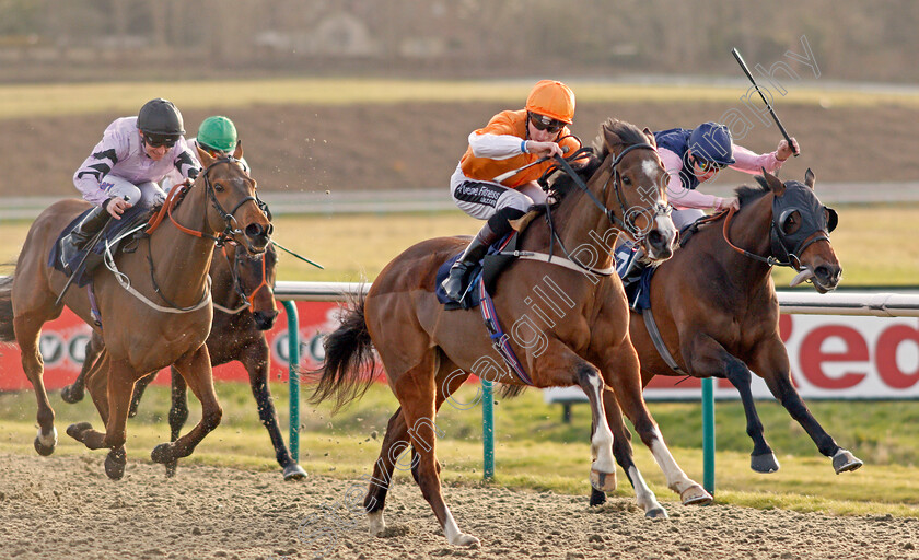 Regicide-0003 
 REGICIDE (centre, Daniel Muscutt) beats KING KEVIN (right) in The Betway Live Casino Handicap Lingfield 16 Feb 2018 - Pic Steven Cargill / Racingfotos.com