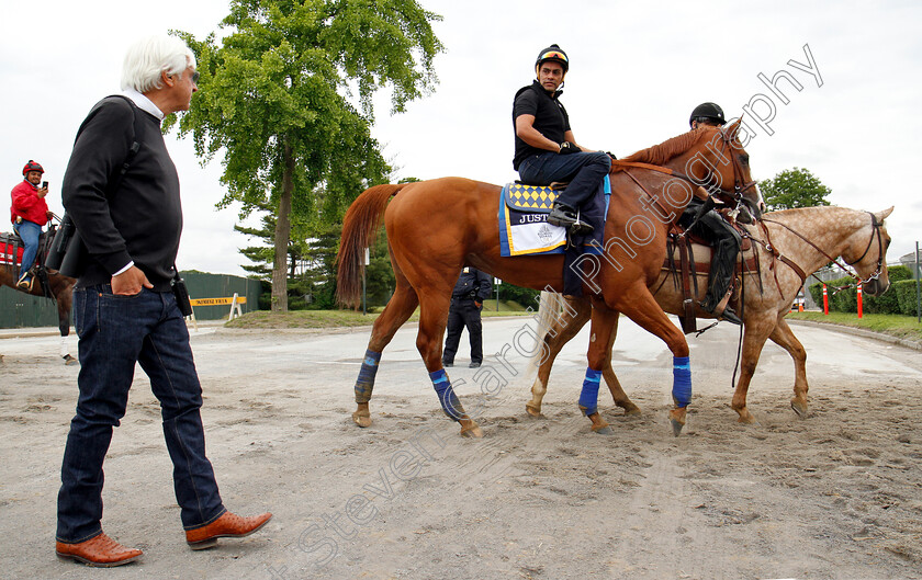 Justify-0016 
 JUSTIFY (Martine Garcia) with Bob Baffert after exercising in preparation for The Belmont Stakes
Belmont Park USA 7 Jun 2018 - Pic Steven Cargill / Racingfotos.com