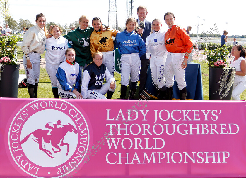 Jockeys-0002 
 Jockeys for the Lady Jockeys Thoroughbred World Championship with Derek Thompson
Bro Park Sweden 5 Aug 2018 - Pic Steven Cargill / Racingfotos.com