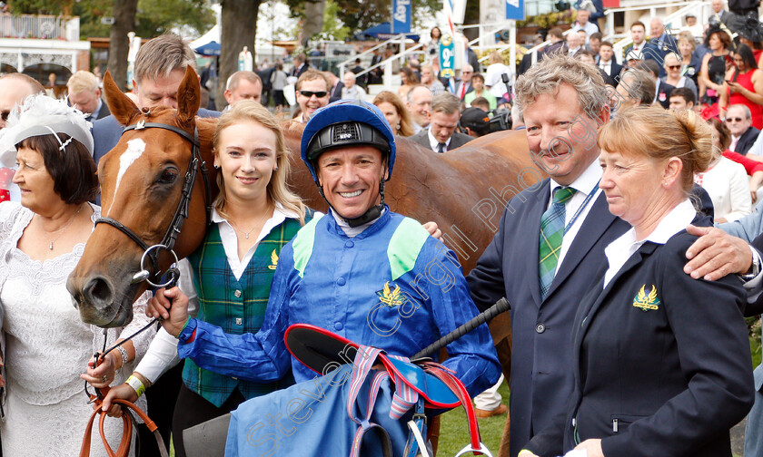 Poet s-Society-0007 
 MARK JOHNSTON with POET'S SOCIETY, Frankie Dettori and Robyn Whatton after the Clipper Logistics Handicap, becoming the winningmost trainer in the UK of all time
York 23 Aug 2018 - Pic Steven Cargill / Racingfotos.com