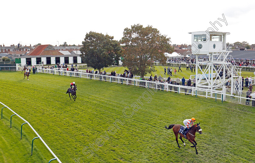 Yarmouth-0001 
 Horses cantering to the start at Yarmouth 21 Sep 2017 - Pic Steven Cargill / Racingfotos.com