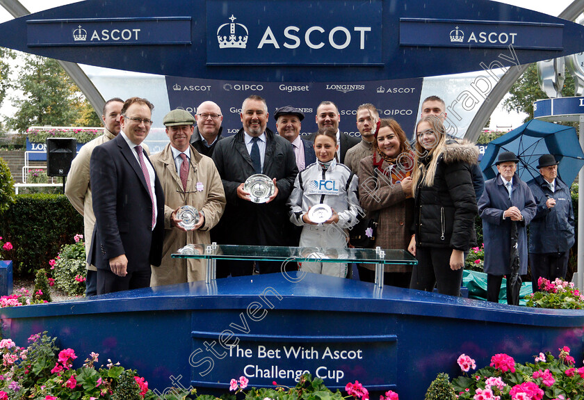 Raising-Sand-0013 
 Presentation to Nick Bradley Racing, Jamie Osborne and Nicola Currie for The Bet With Ascot Challenge Cup won by RAISING SAND
Ascot 6 Oct 2018 - Pic Steven Cargill / Racingfotos.com