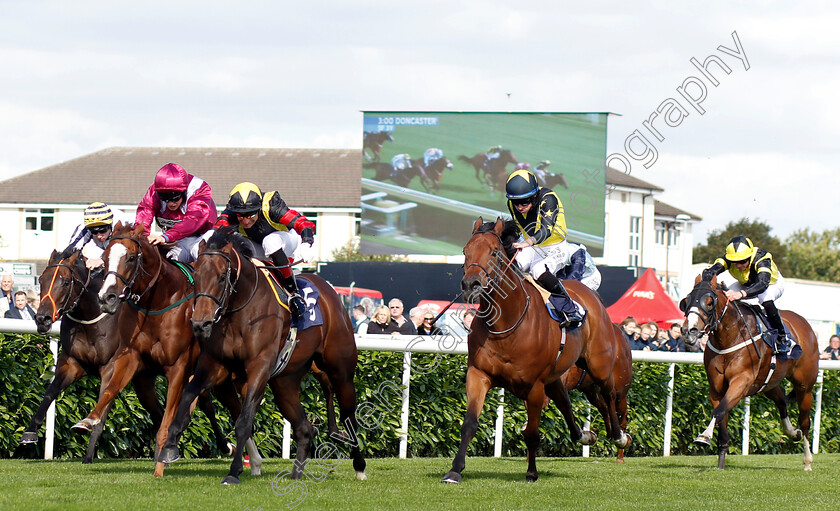 Global-Applause-0002 
 GLOBAL APPLAUSE (3rd left, Gerald Mosse) beats EL ASTRONAUTE (2nd left) and ENCORE D'OR (2nd right) in The D C Training And Development Services Scarbrough Stakes
Doncaster 12 Sep 2018 - Pic Steven Cargill / Racingfotos.com