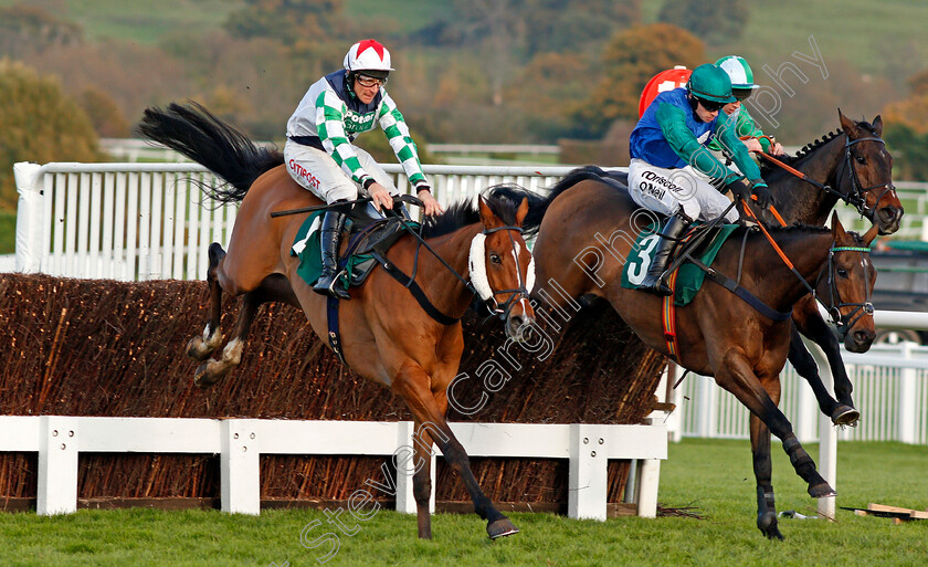 Two-Taffs-and-Midnight-Shot-0002 
 TWO TAFFS (left, Davy Russell) jumps with MIDNIGHT SHOT (right) and winner DOUBLE TREASURE (hidden, farside, Gavin Sheehan) in The Royal Gloucestershire Hussars Novices Chase Cheltenham 28 oct 2017 - Pic Steven Cargill / Racingfotos.com