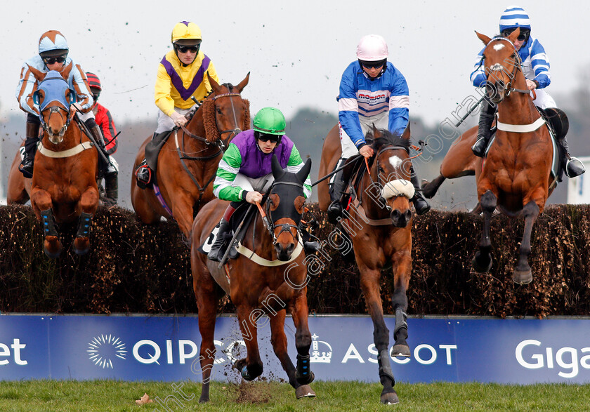 Beau-Bay-and-Diego-Du-Charmil-0001 
 BEAU BAY (2nd left, Sam Twiston-Davies) jumps with DIEGO DU CHARMIL (2nd right) SAREBIN (left) and MAESTRO ROYAL (right) Ascot 25 Mar 2018 - Pic Steven Cargill / Racingfotos.com