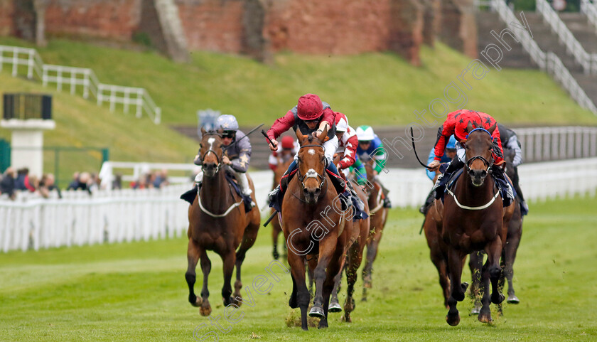 Ffion-0001 
 FFION (centre, William Buick) beats PAWS FOR THOUGHT (right) in The Stephen Wade Handicap
Chester 4 May 2022 - Pic Steven Cargill / Racingfotos.com