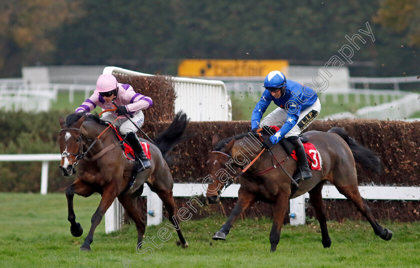 Stay-Away-Fay-0004 
 STAY AWAY FAY (left, Harry Cobden) beats GIOVINCO (right) in The Betfair Esher Novices Chase
Sandown 8 Dec 2023 - pic Steven Cargill / Racingfotos.com