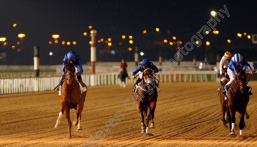 Comicas-0004 
 COMICAS (left, William Buick) beats MY CATCH (centre) in The Dubawi Stakes Meydan 18 Jan 2018 - Pic Steven Cargill / Racingfotos.com